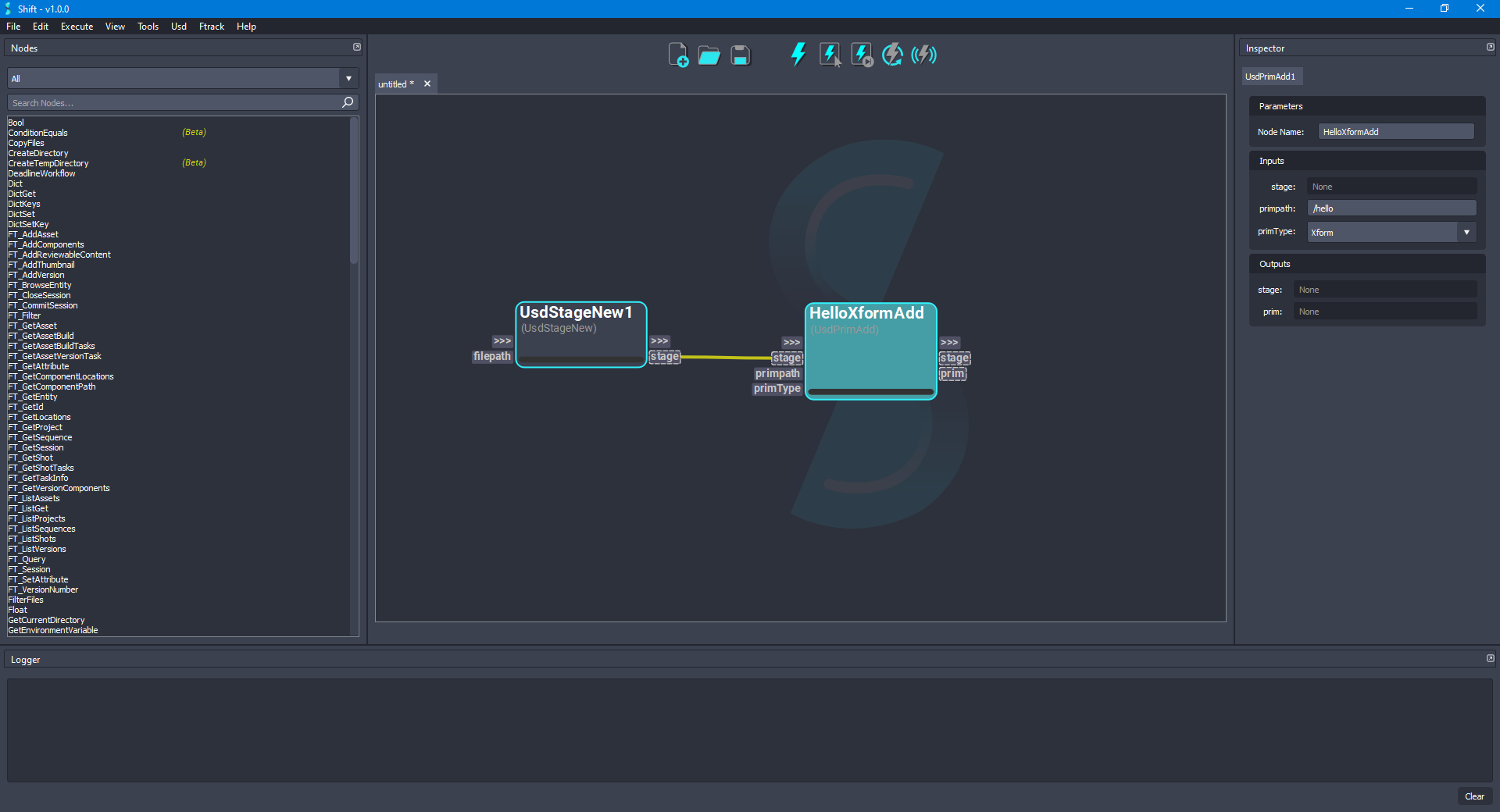 Added the 'HelloXformAdd' node to the board for creating the Xform.