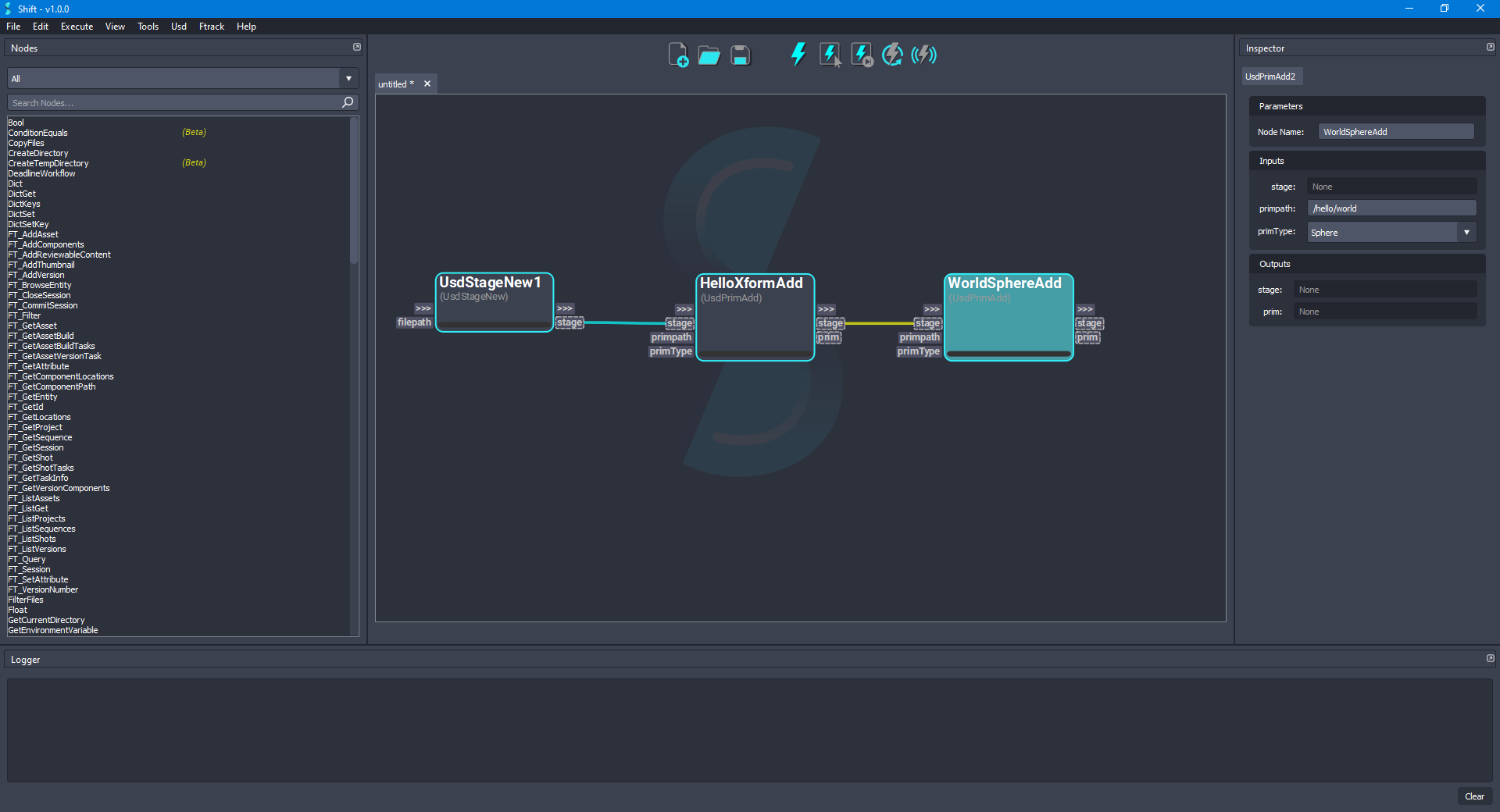 Added the 'WorldSphereAdd' node to the board for creating the sphere.