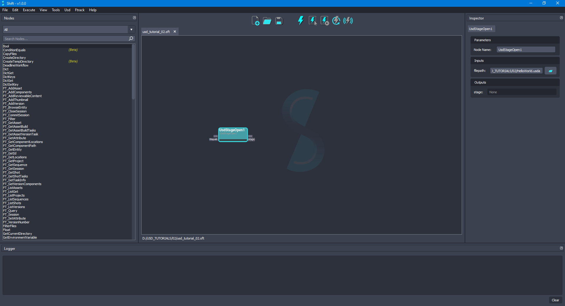 Added the 'UsdStageOpen' node to the board for opening a given USD file.