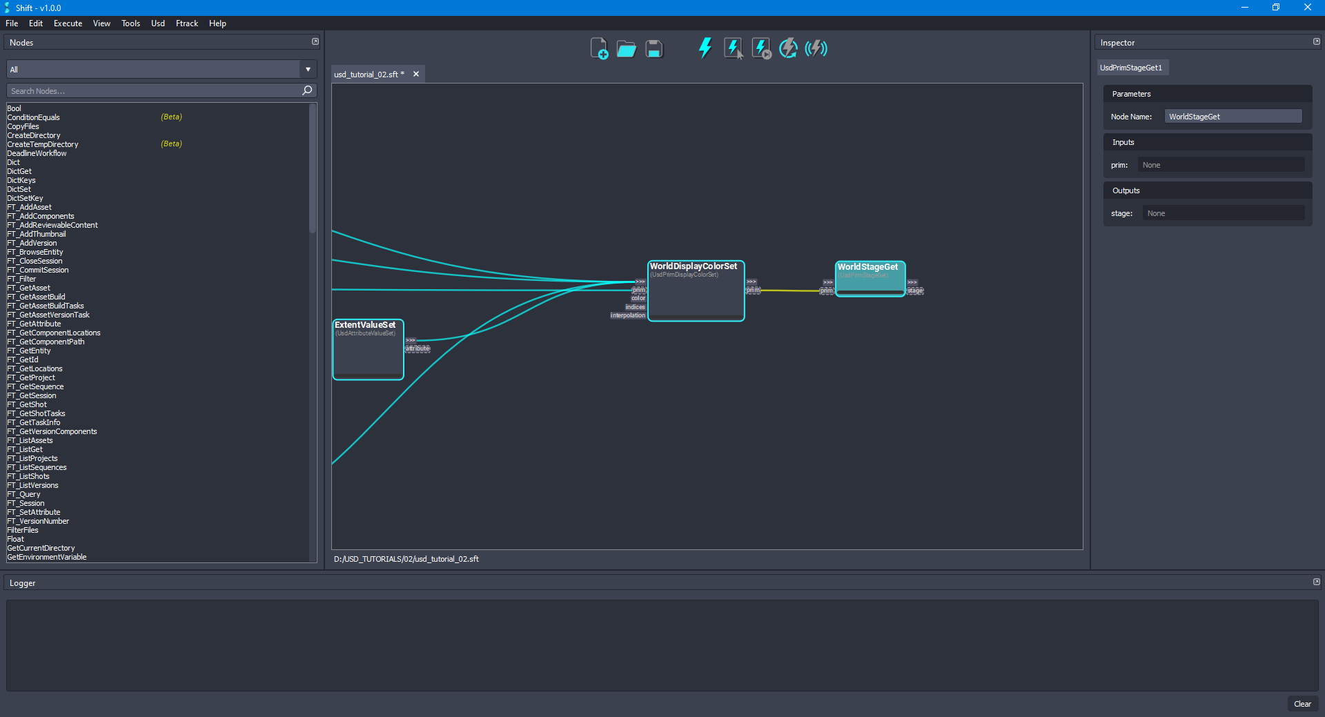 Added the 'WorldStageGet' node to the board connected to the 'WorldDisplayColorSet' node.