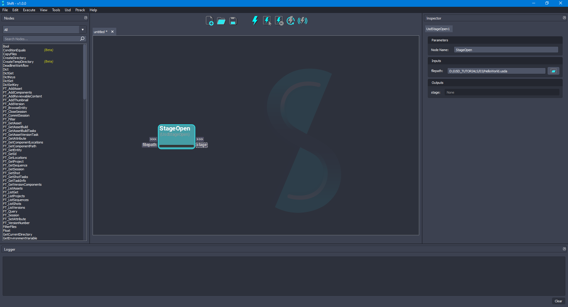 Added the 'StageOpen' node to the board for opening a given USD file.