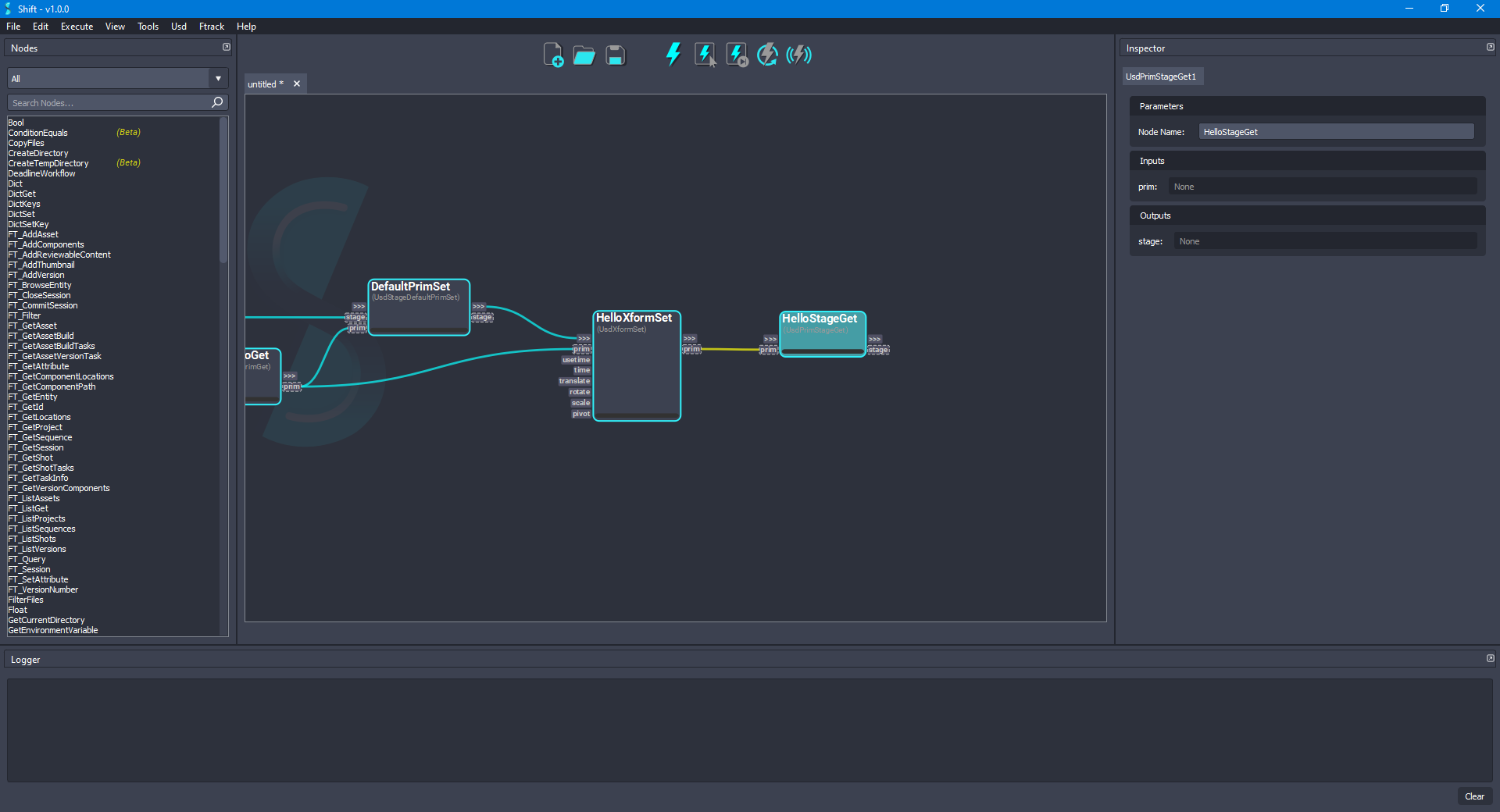 Added the 'HelloStageGet' node to the board connected to the 'HelloXformSet' node.
