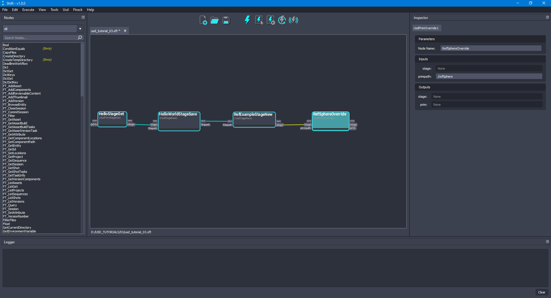 Added the 'RefSphereOverride' node to the board connected to the 'RefExampleStageNew' node.