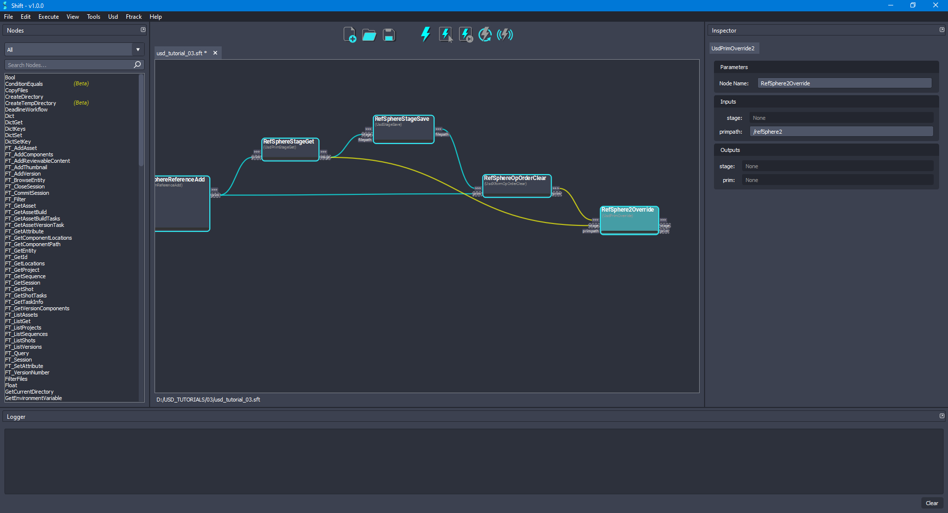 Added the 'RefSphere2Override' node to the board connected to the 'RefSphereStageGet' and 'RefSphereOpOrderClear' nodes.