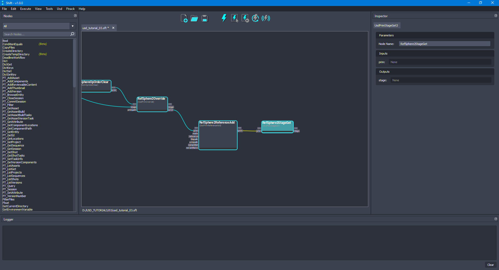 Added the 'RefSphere2StageGet' node to the board connected to the 'RefSphere2ReferenceAdd' node.