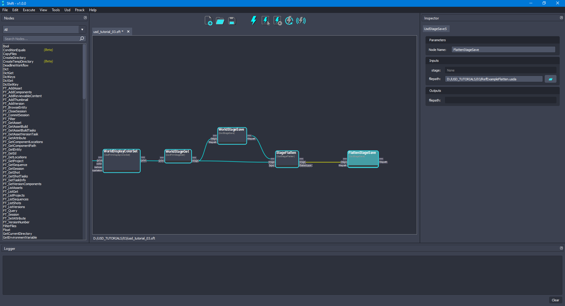 Added the 'FlattenStageSave' node to the board connected to the 'StageFlatten' node.