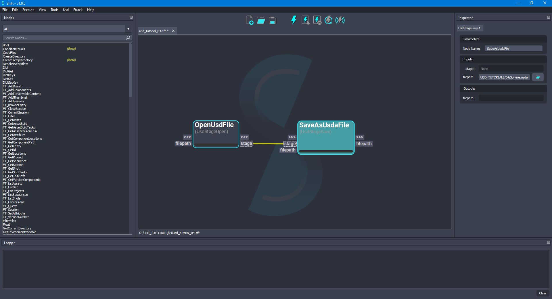 Added 'SaveAsUsdaFile' node to the board connected to 'OpenUsdFile' node.
