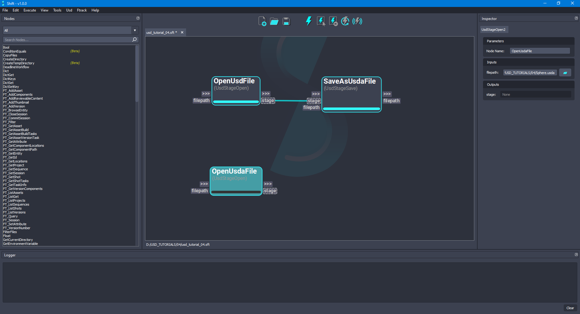 Added 'OpenUsdaFile' node to the board.