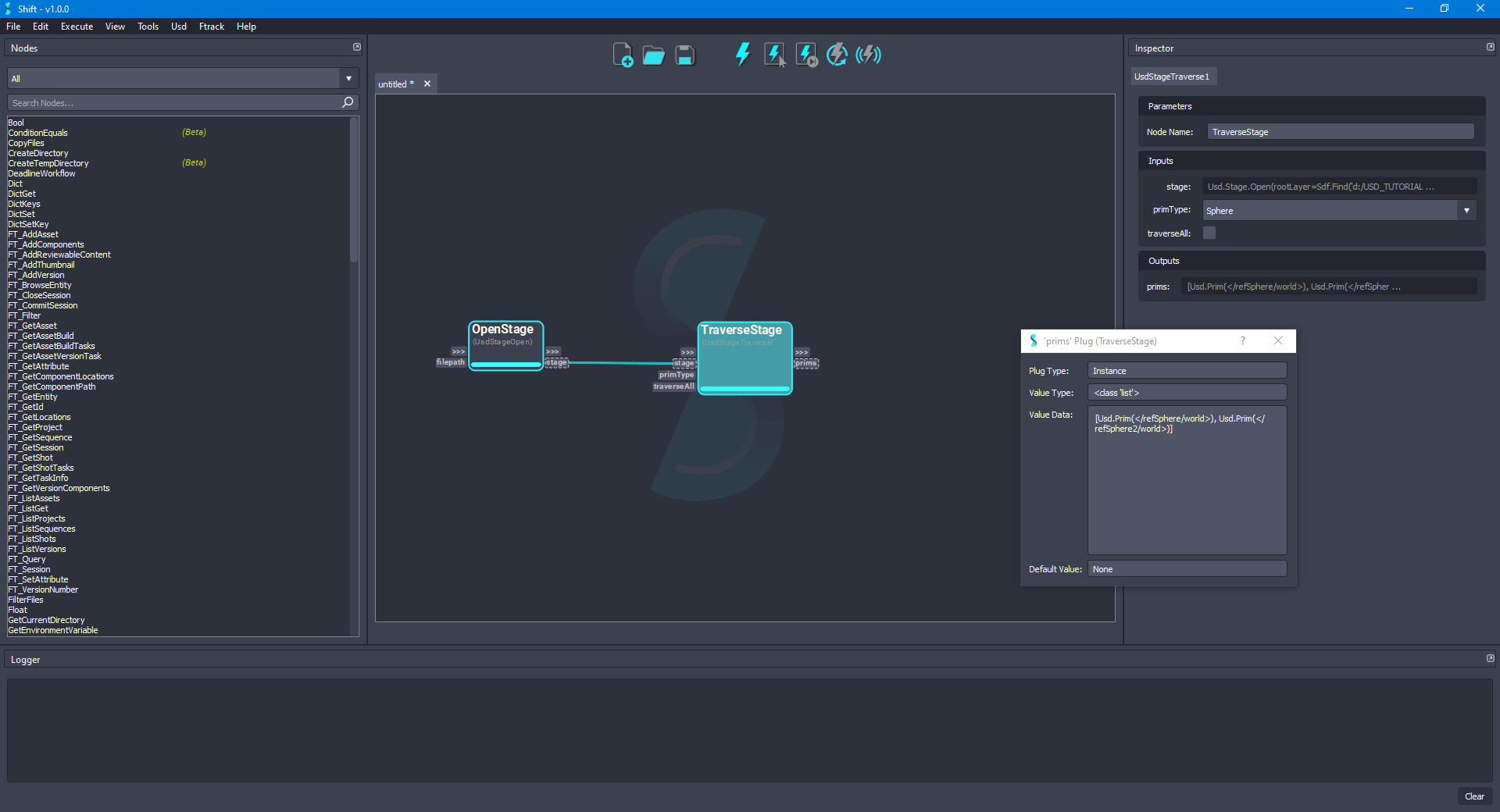 'TraverseStage' node prims plug value filtering by 'Sphere' prim type.