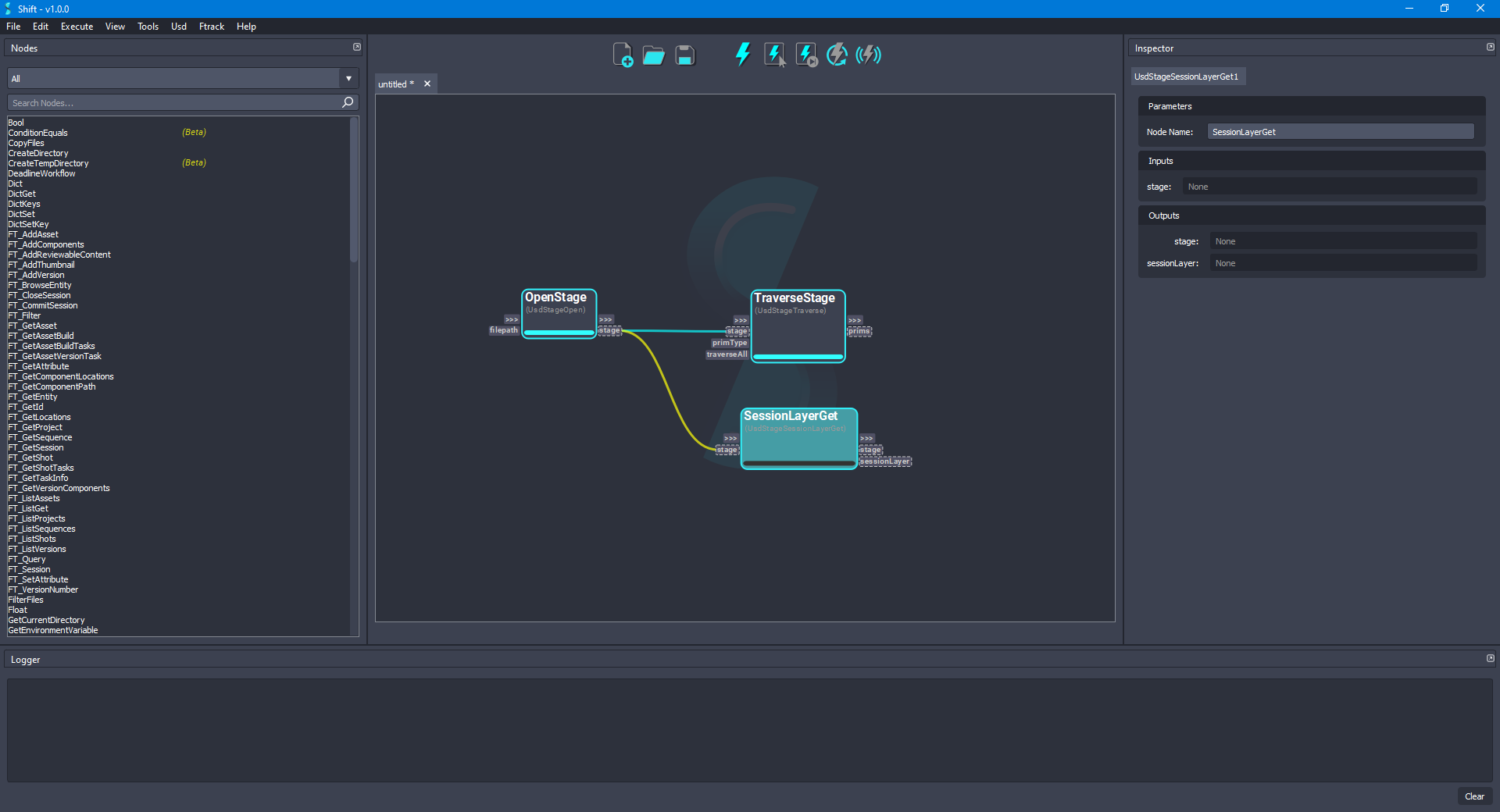 Added the 'SessionLayerGet' node to the board connected to the 'OpenStage' node.