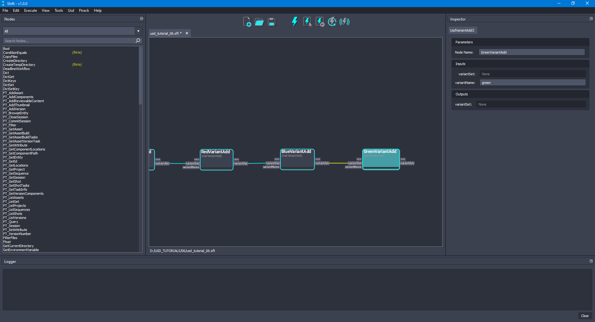 Added the 'GreenVariantAdd' node to the board connected to the 'BlueVariantAdd' node.