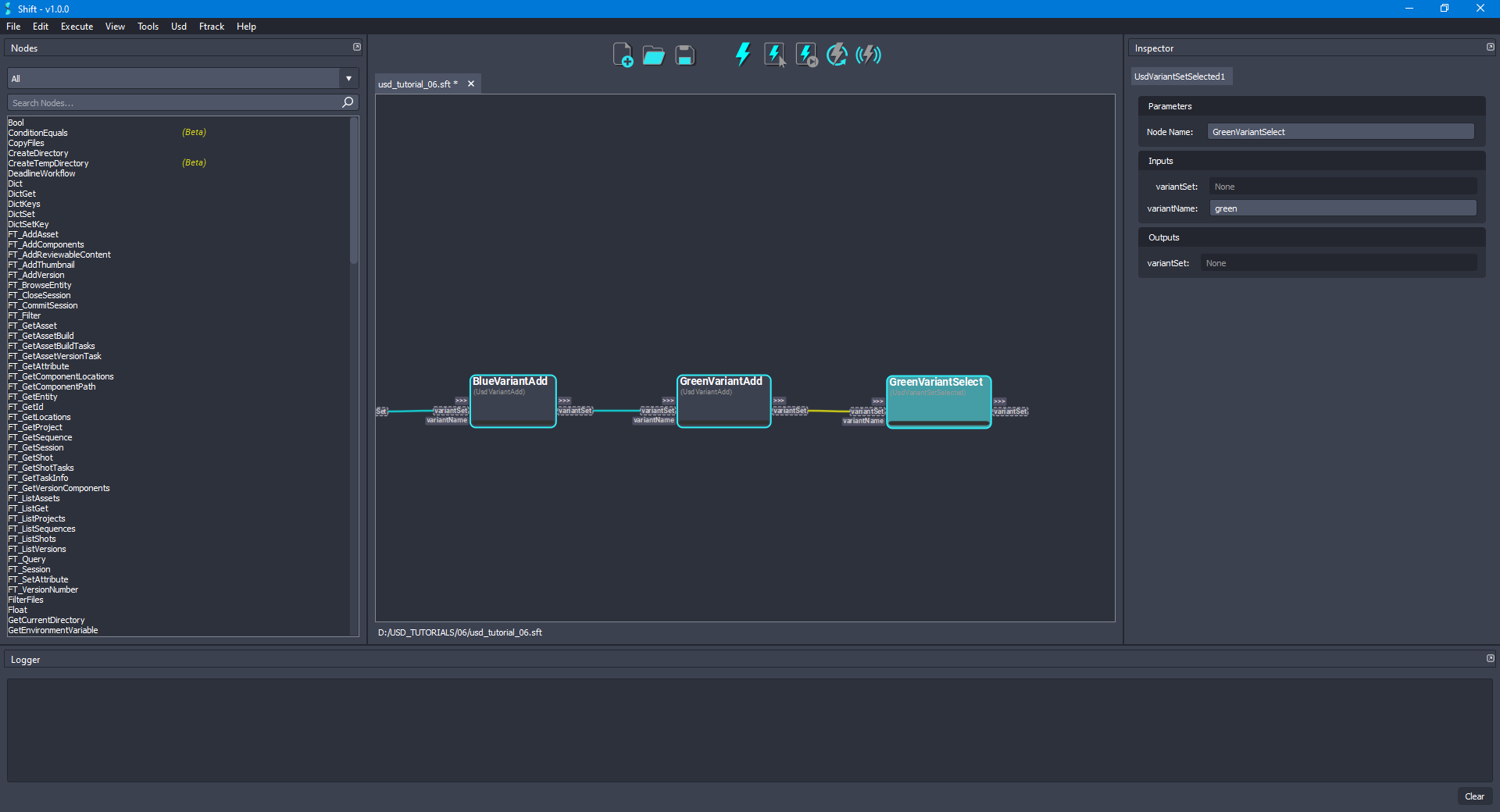 Added the 'GreenVariantSelect' node to the board connected to the 'GreenVariantAdd' node.