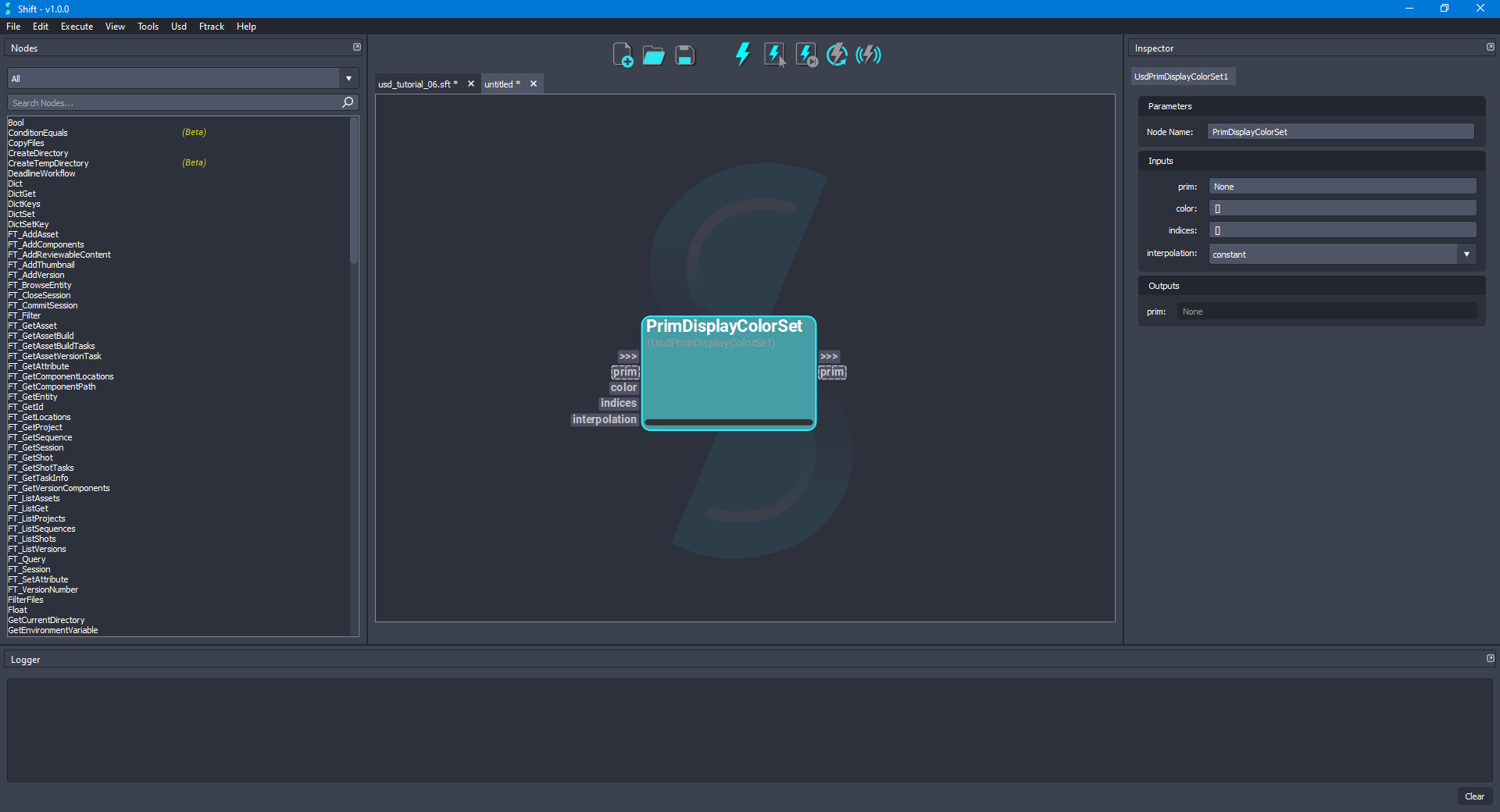 Added the 'PrimDisplayColorSet' node to a new empty board.